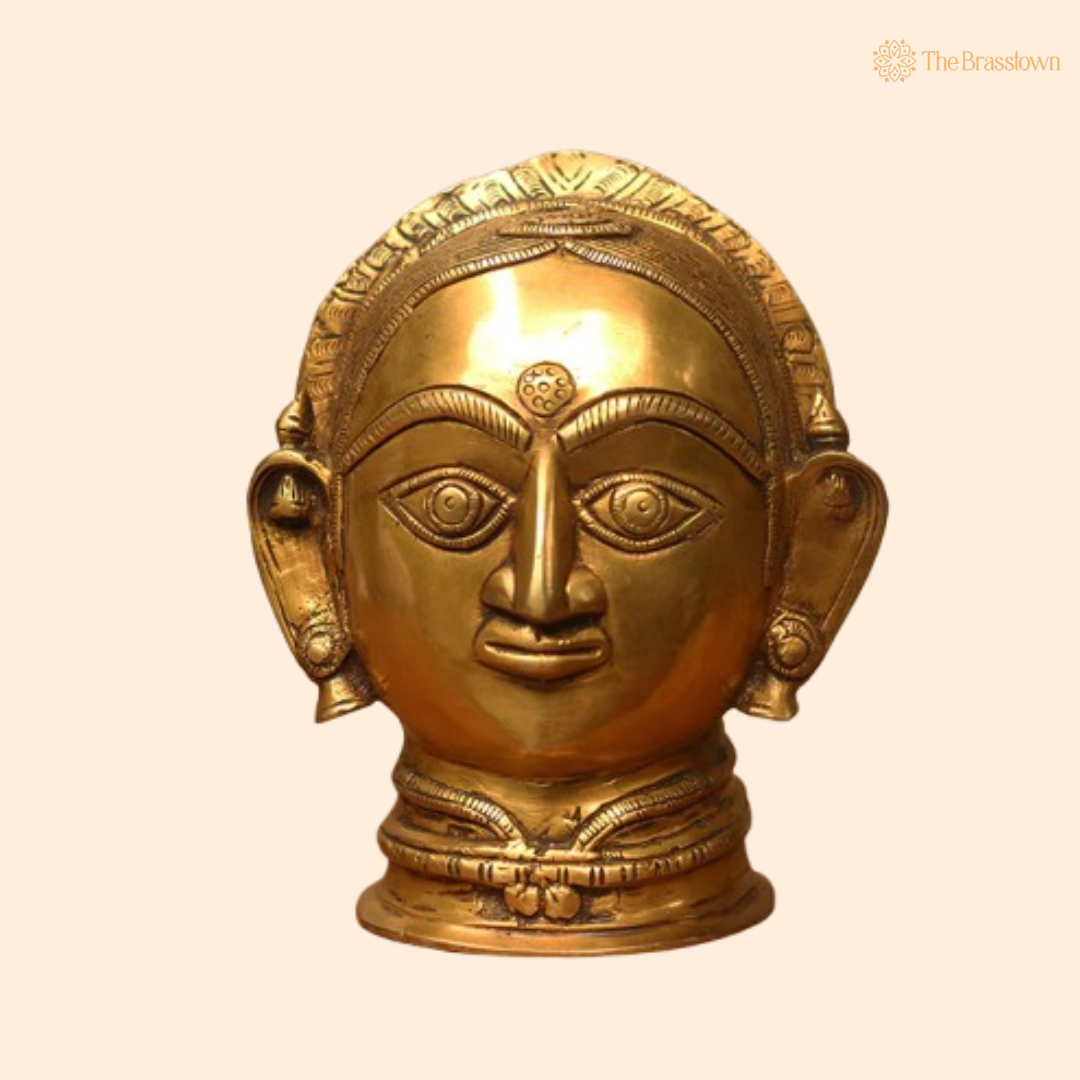 Ornate Brass Devi Head - A Symbol of Divine Femininity and Spiritual Grace 7 Inch