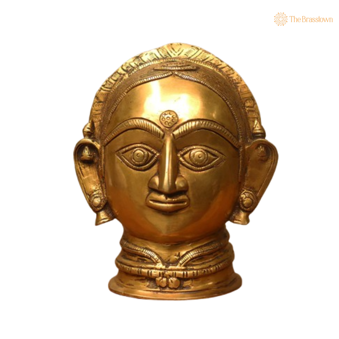 Ornate Brass Devi Head - A Symbol of Divine Femininity and Spiritual Grace 7 Inch