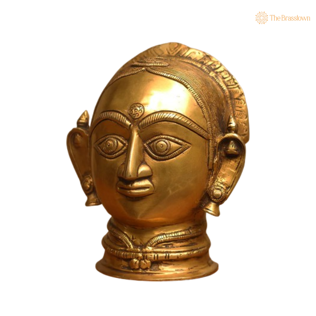 Ornate Brass Devi Head - A Symbol of Divine Femininity and Spiritual Grace 7 Inch