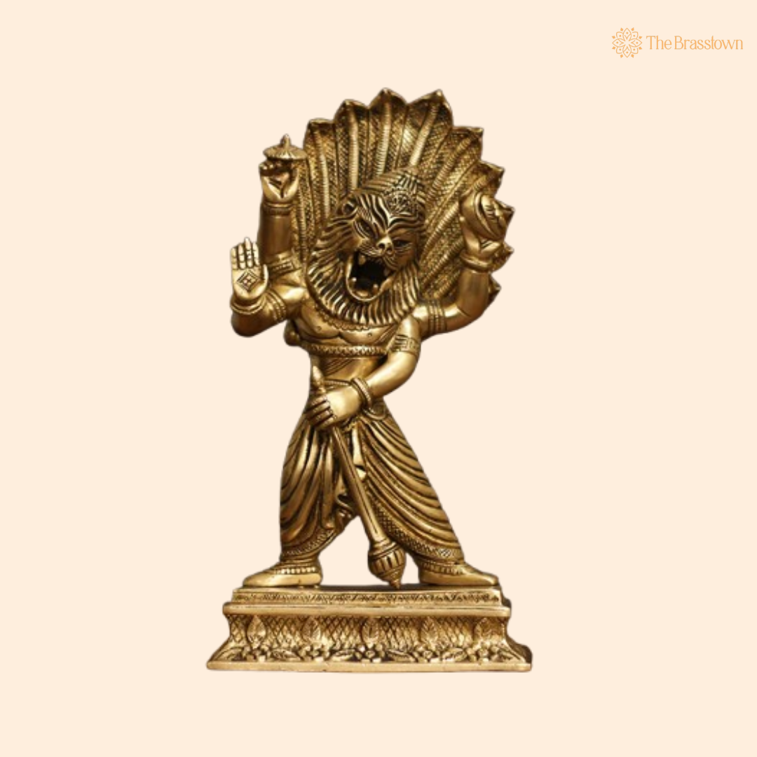 Ornate Brass Narasimha Statue - A Symbol of Divine Power and Protection 11.5 Inch