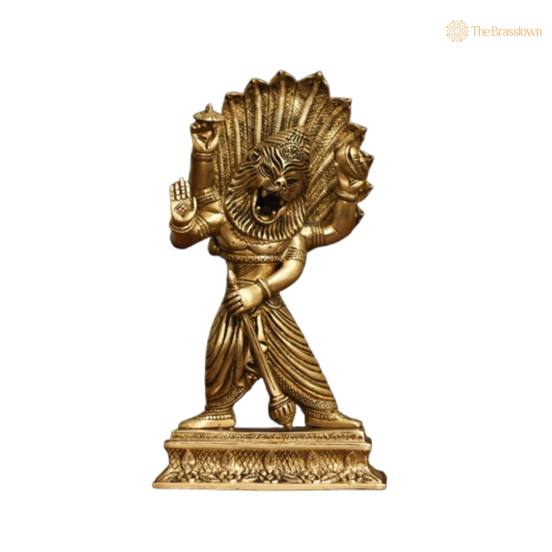 Ornate Brass Narasimha Statue - A Symbol of Divine Power and Protection 11.5 Inch
