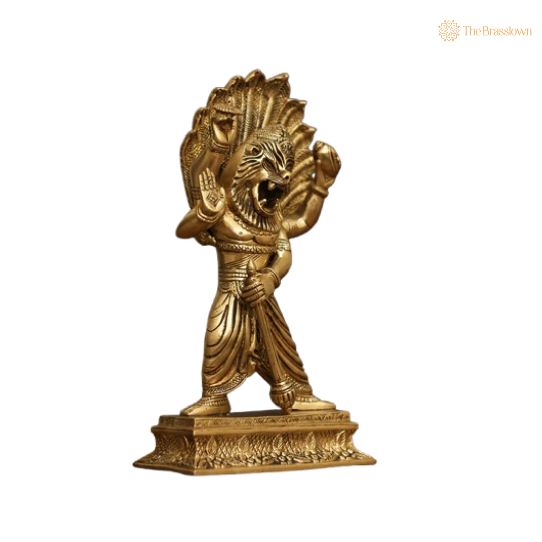 Ornate Brass Narasimha Statue - A Symbol of Divine Power and Protection 11.5 Inch
