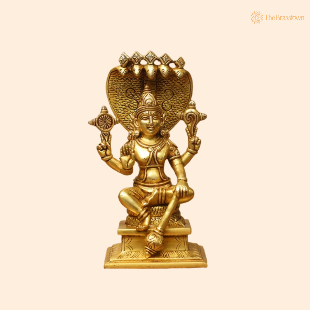 Ornate Brass Sheshashayi Vishnu Statue 10 Inch
