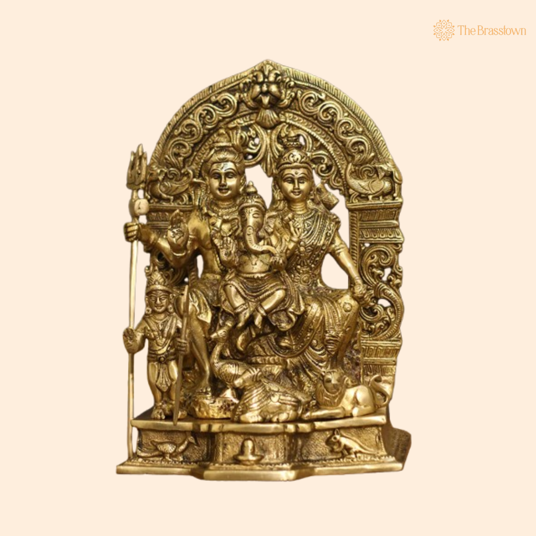 Ornate Brass Shiva Parivar Statue - A Symbol of Divine Family and Harmony 12 Inch