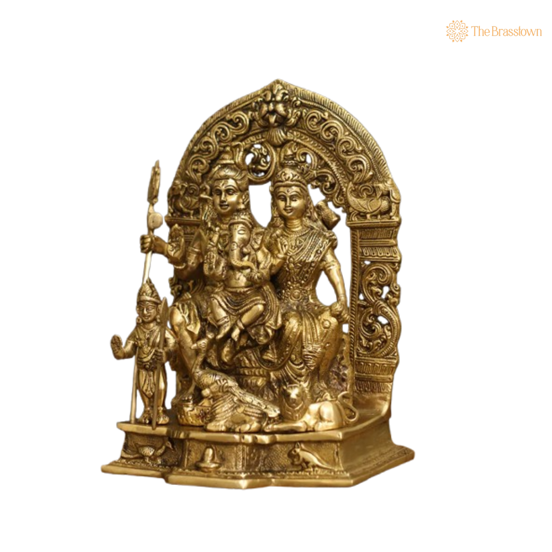 Ornate Brass Shiva Parivar Statue - A Symbol of Divine Family and Harmony 12 Inch