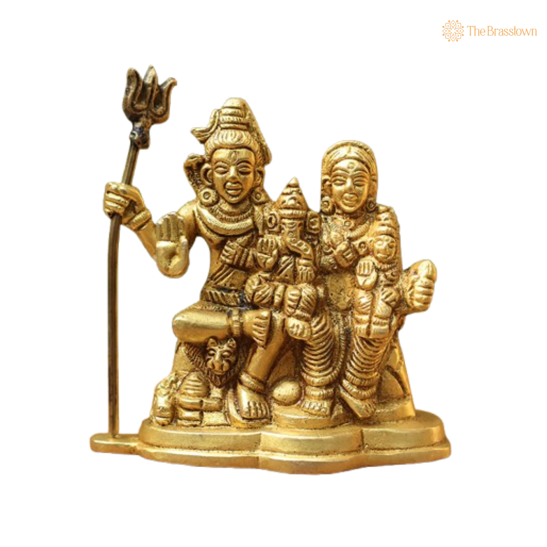 Ornate Brass Shiva Parivar Statue - A Symbol of Divine Family and Unity 3.5 Inch