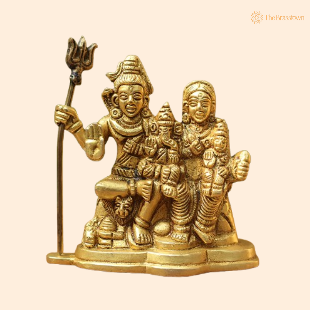 Ornate Brass Shiva Parivar Statue - A Symbol of Divine Family and Unity 3.5 Inch