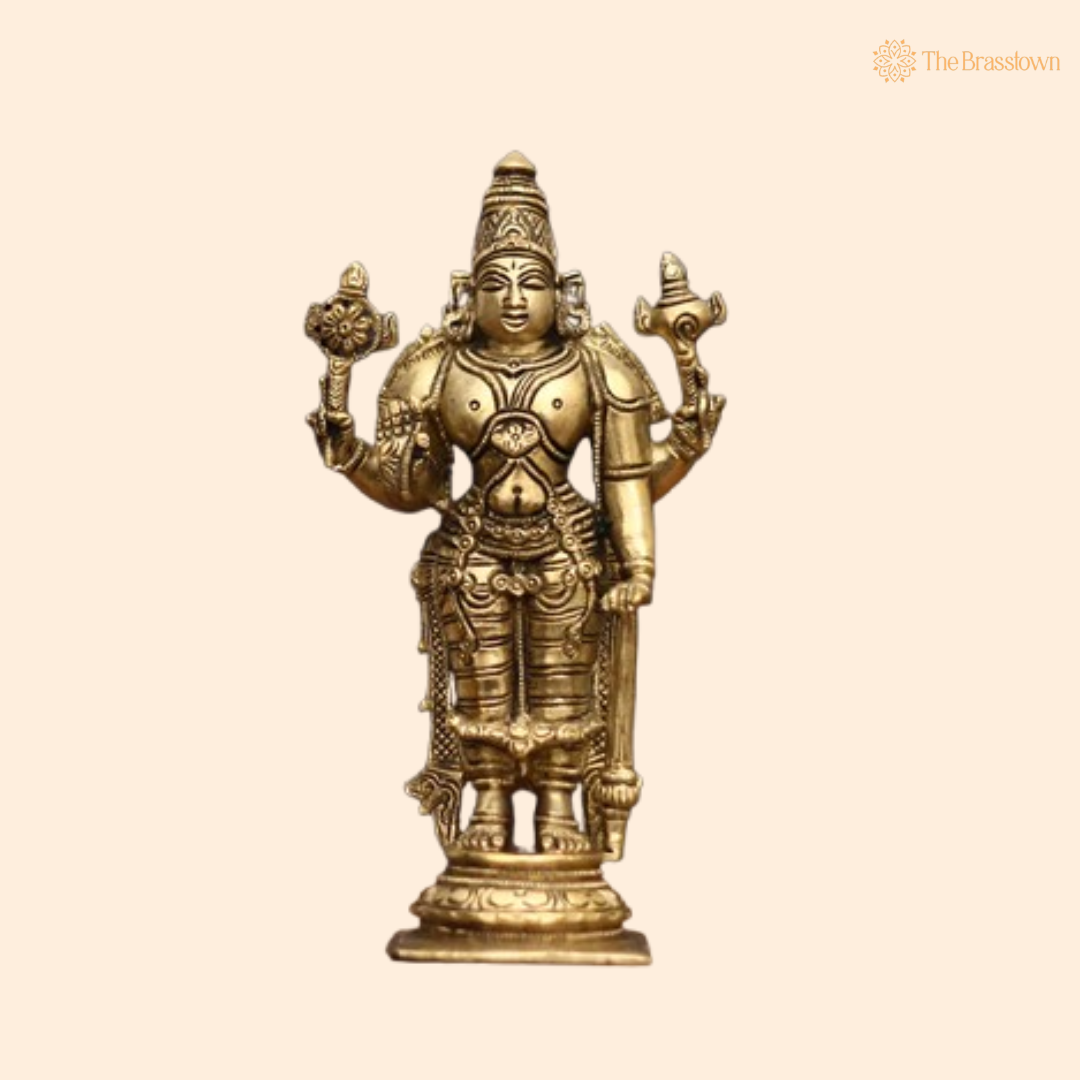 Ornate Brass Vishnu Statue - A Symbol of Divine Grace and Protection 7 Inch