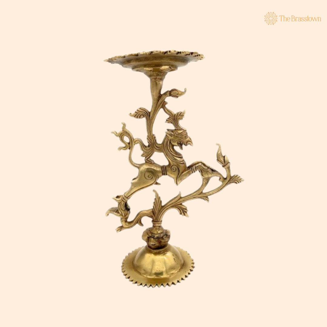 Ornate Brass Yali Candle Holder – A Symbol of Grace and Strength 9.5 Inch