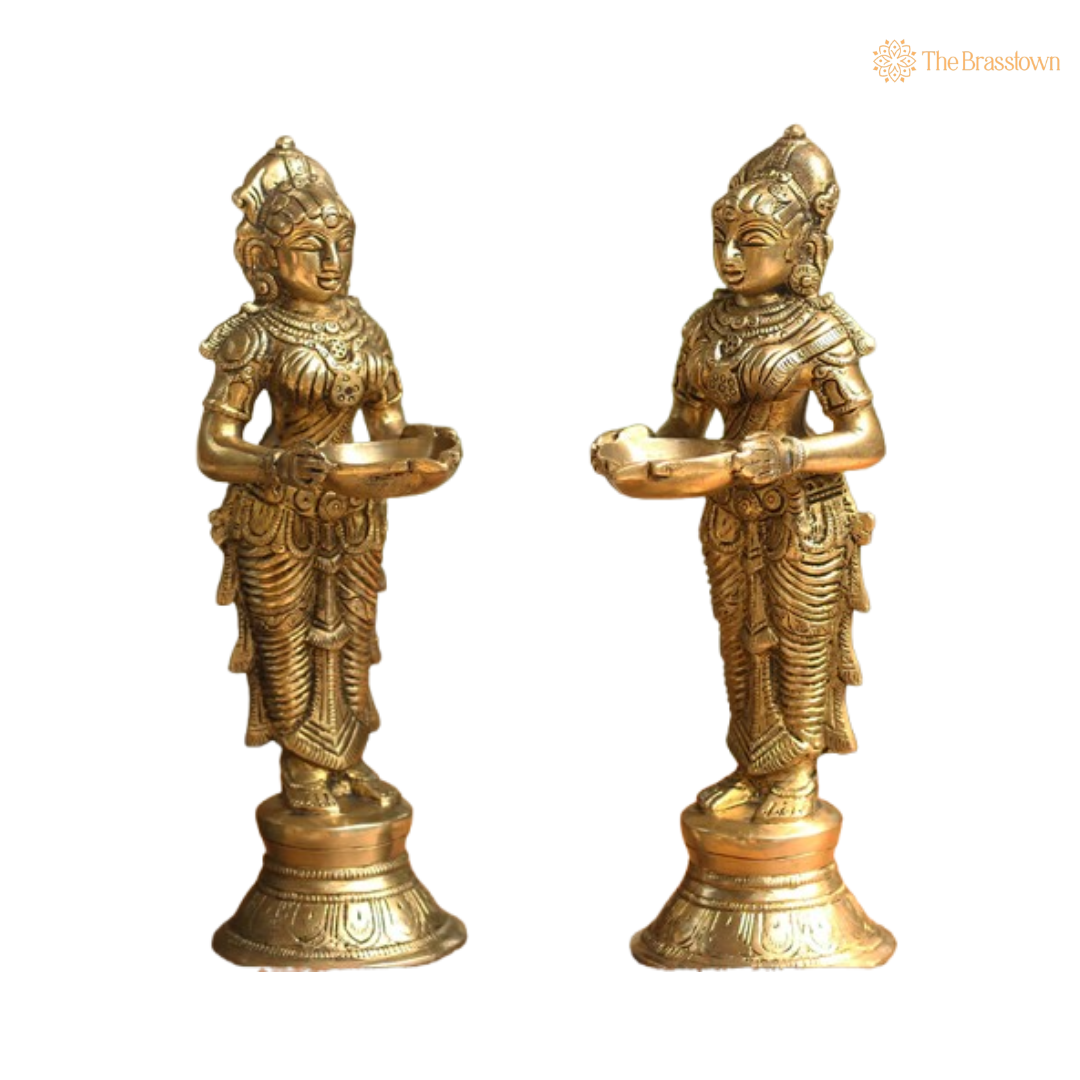 Pair of Brass Lamp-Bearing Devotional Figures 9 Inch