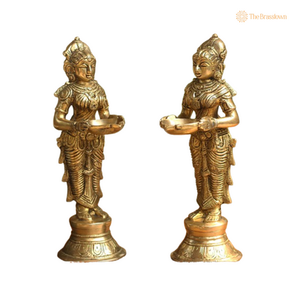 Pair of Brass Lamp-Bearing Devotional Figures 9 Inch