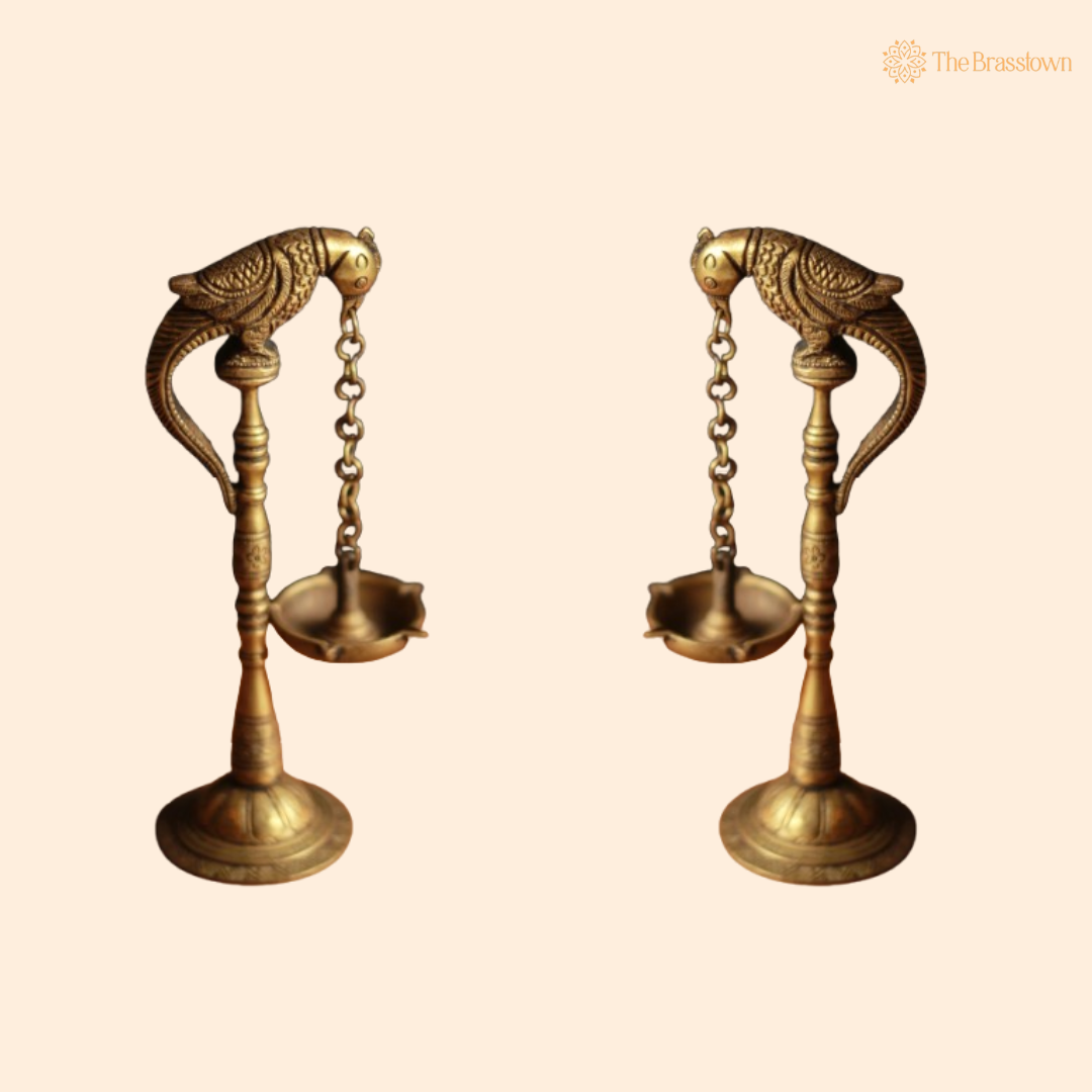 Parrot Perch Brass Hanging Diya Pair 8 Inch