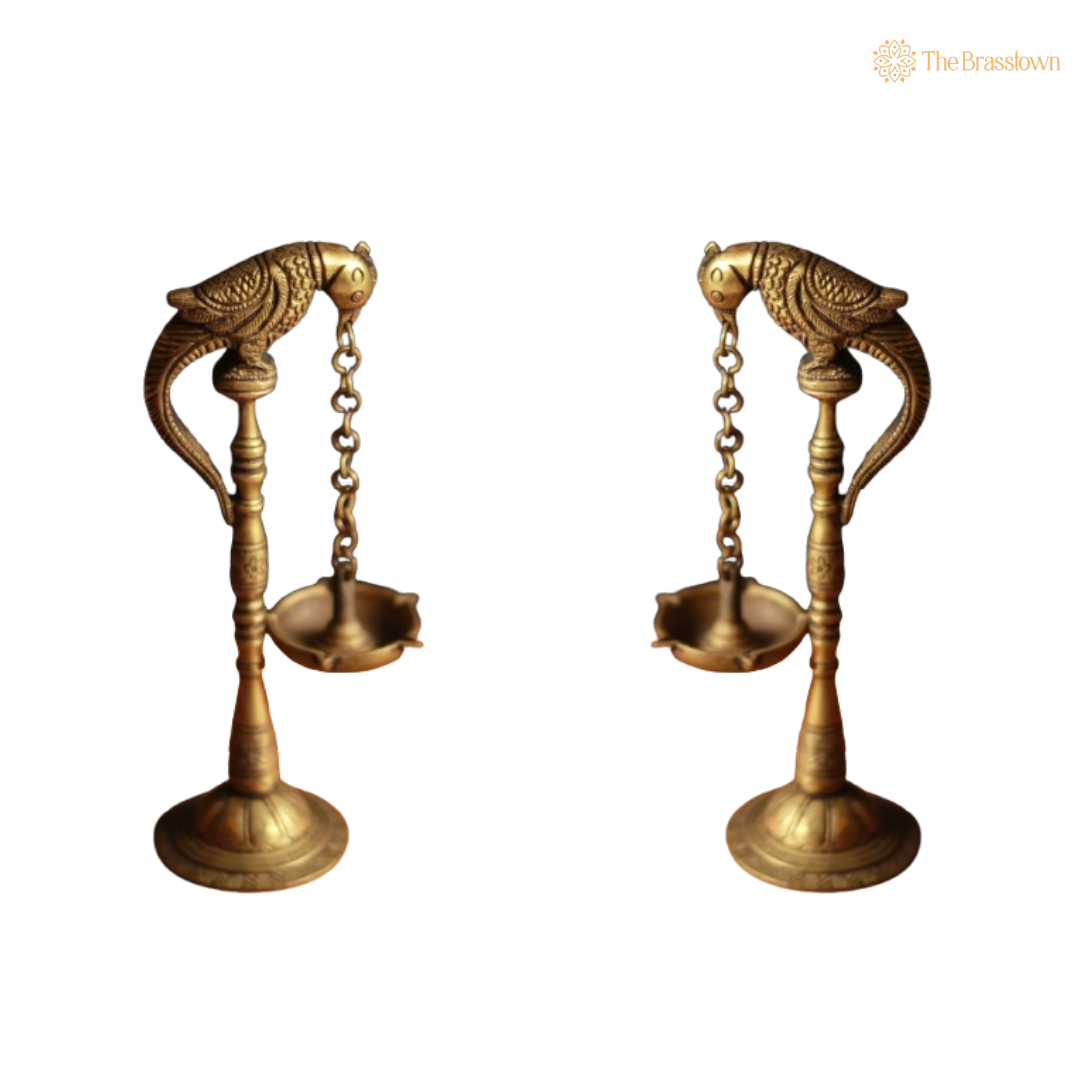 Parrot Perch Brass Hanging Diya Pair 8 Inch