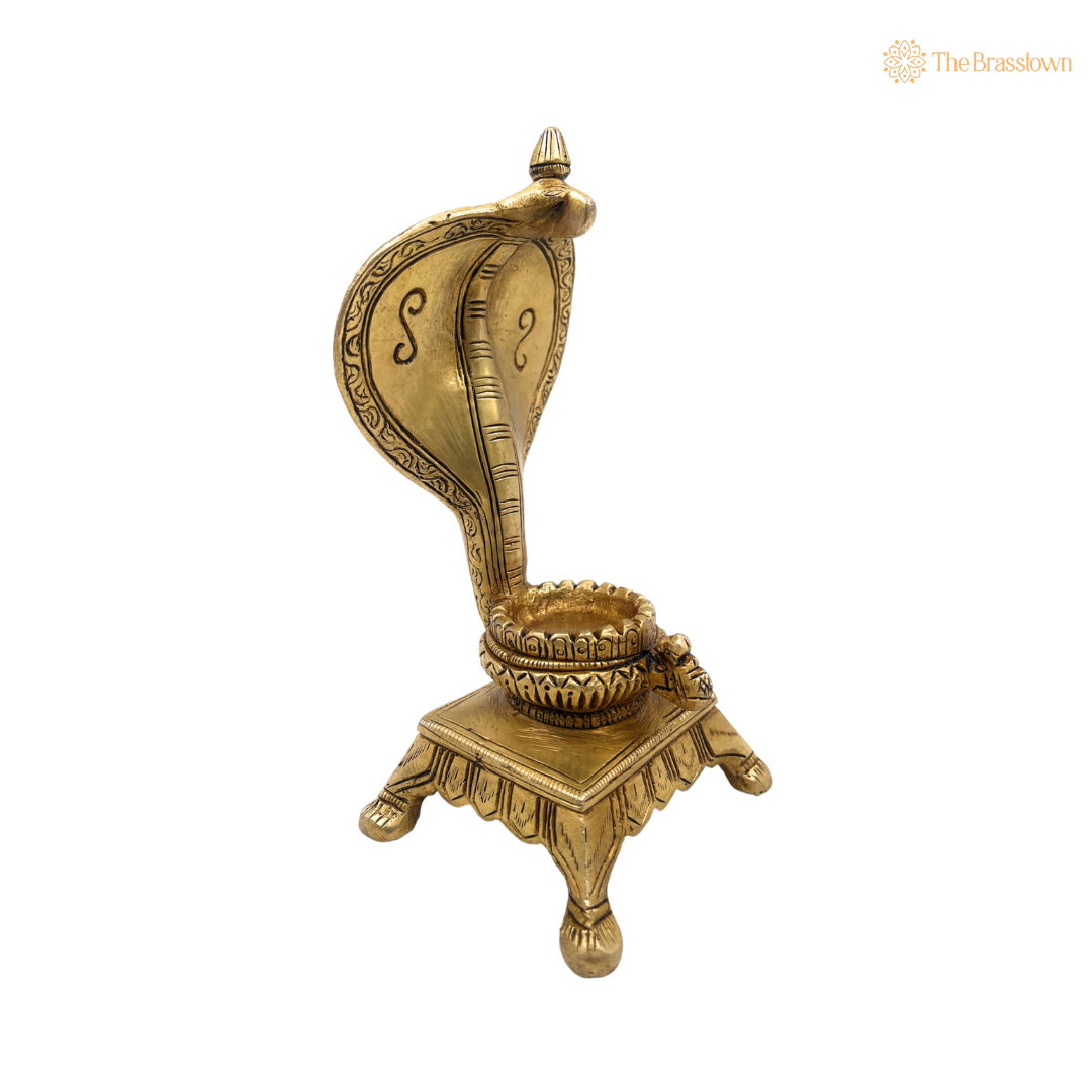 Sacred Brass Naga Shivling Idol with Cobra Hood 7 Inch