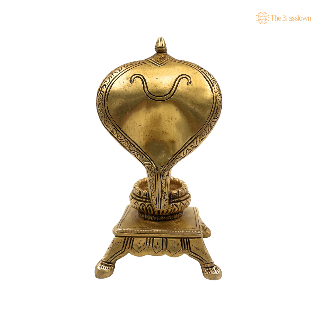 Sacred Brass Naga Shivling Idol with Cobra Hood 7 Inch