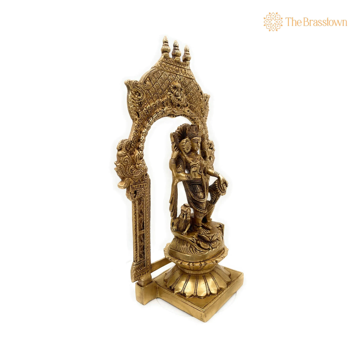 Handcrafted Brass Durga Devi Idol – on Lotus Chowki with Temple Prabhavali, Mahishasuramardini, Adi Shakti 10.5 Inch 4