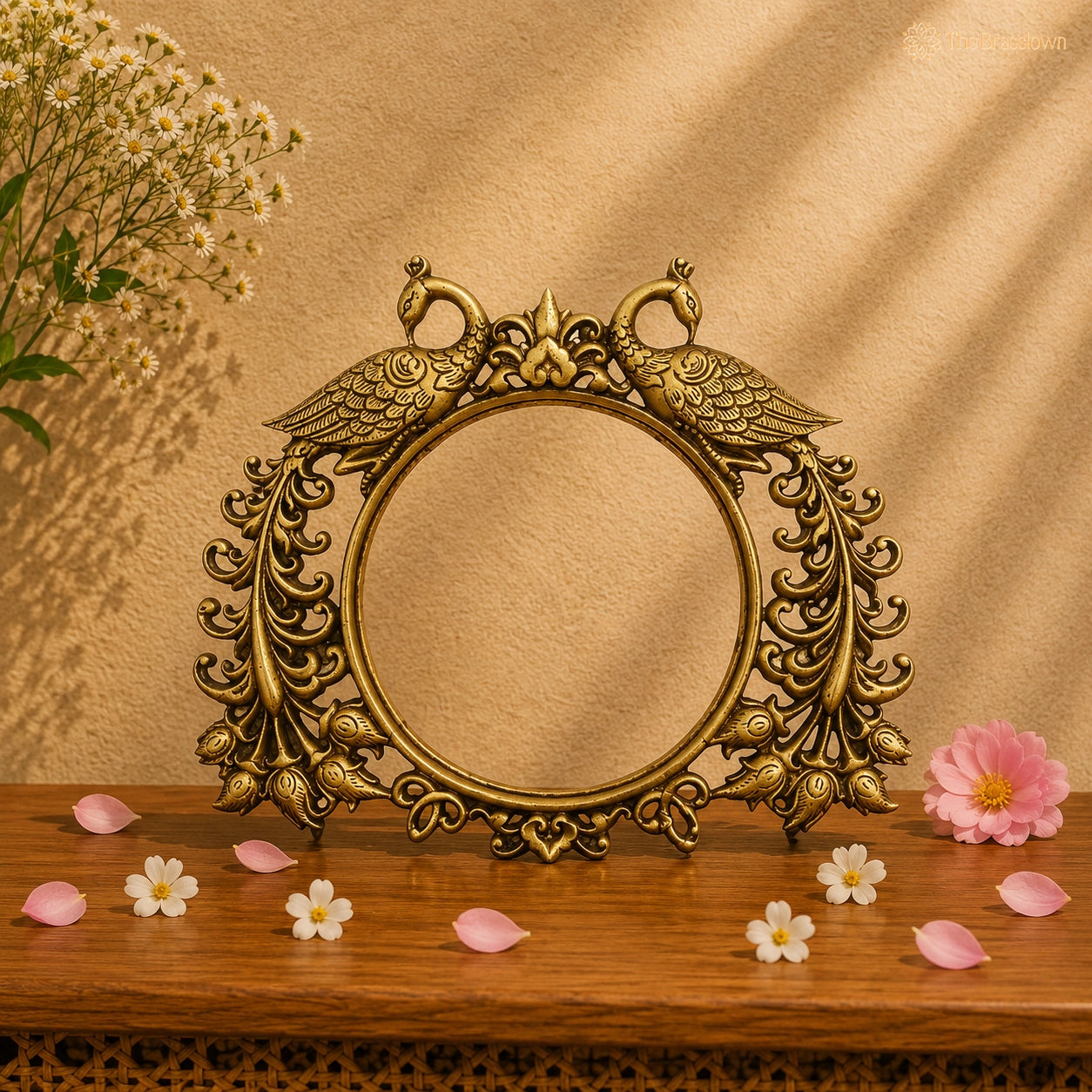 Antique Brass Peacock Motif Frame 8.5 Inch