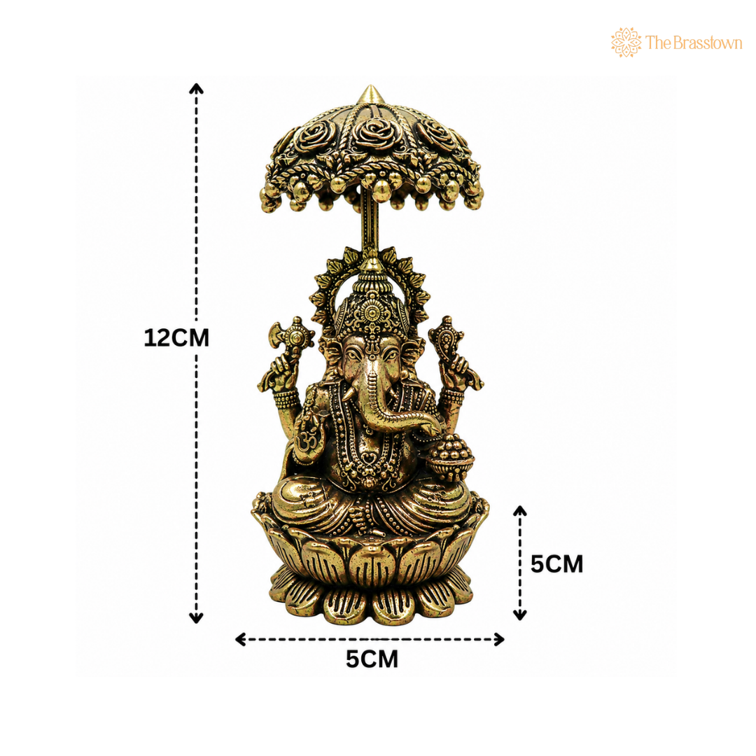 Handcrafted Brass Ganpati Bappa Idol with Umbrella – Lord Ganesha Murti (Vinayaka, Siddhivinayak, Vighnaharta) for Puja, Home Mandir &amp; Décor 4.5 Inch