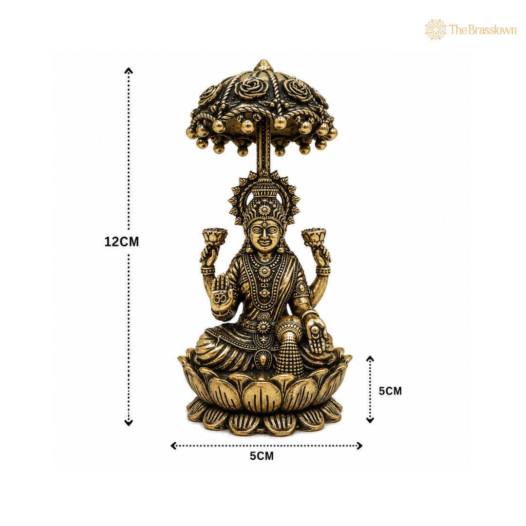 Brass Mahalakshmi Idol with Umbrella – Divine Goddess of Wealth &amp; Fortune for Puja 4.5 Inch