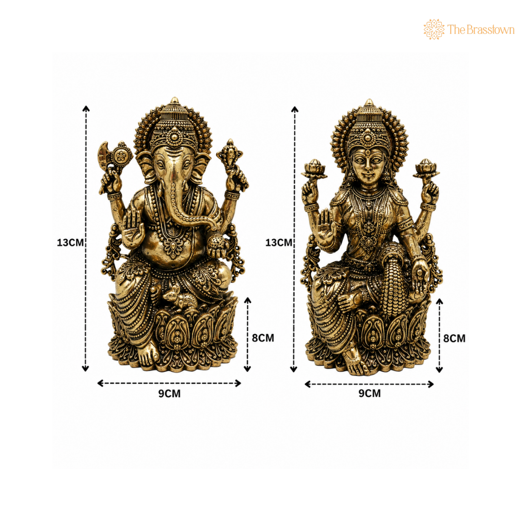 Handcrafted Brass Lakshmi Ganapati Idol – Goddess Lakshmi &amp; Lord Ganesha Murti for Puja, Home Mandir &amp; Spiritual Décor 5 Inch