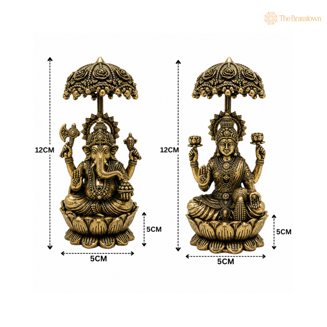 Brass Lakshmi Ganapati Idol – Goddess Lakshmi &amp; Lord Ganesha Murti for Puja, Home Mandir &amp; Spiritual Décor 4.5 Inch