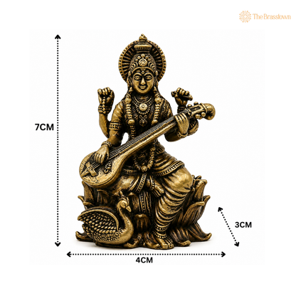 Brass Saraswati Mata Idol – Goddess of Knowledge (Veena Vadini) Murti for Puja, Study &amp; Home Mandir Décor 3 Inch