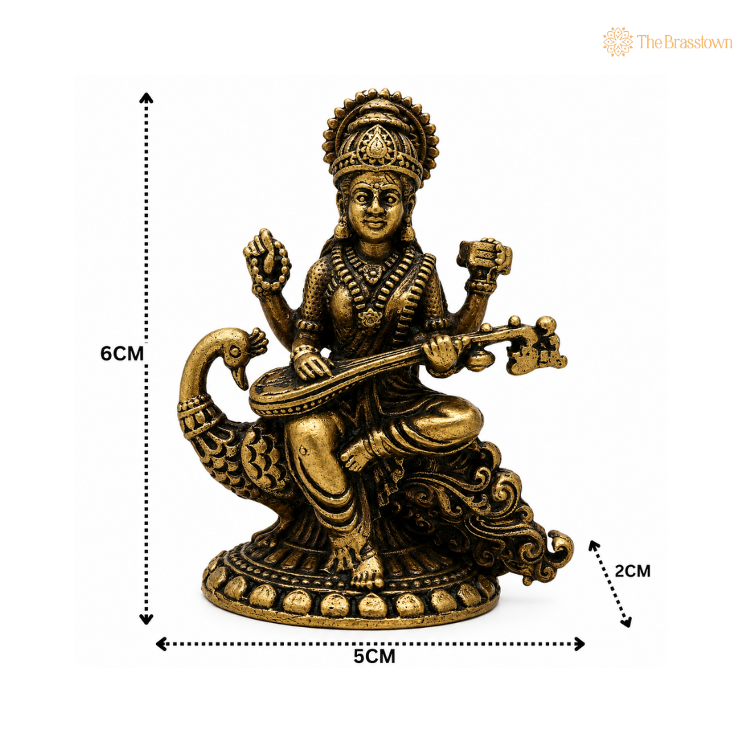 Brass Saraswati Mata Idol with Peacock – Goddess of Knowledge (Veena Vadini) Murti for Puja, Study &amp; Home Mandir Décor 2.5 Inch