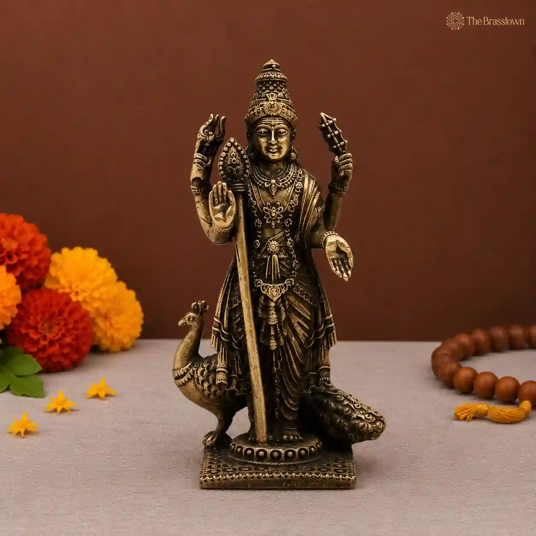 Brass Murugan Idol (Kartikeya) – Skanda / Subramanya / Kartikeya / Shanmukha Statue for Home Temple &amp; Pooja 3 Inch