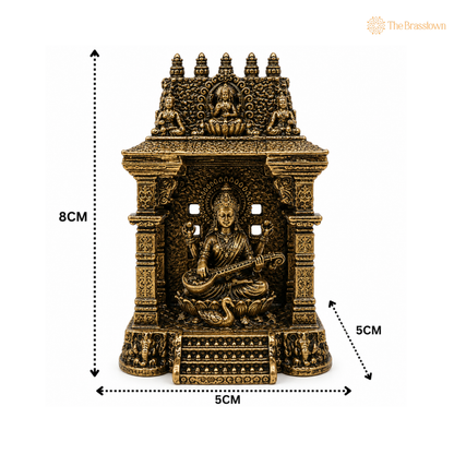 Brass Saraswati Mata Idol with Temple – Goddess of Knowledge (Veena Vadini) Murti for Puja, Study &amp; Home Mandir Décor 3 Inch