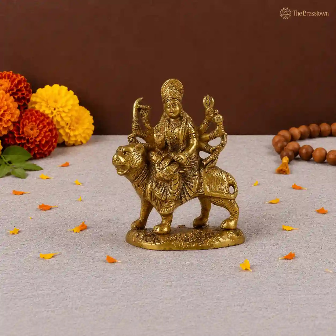 Brass Durga Maa Sherawali Idol – Goddess Durga Sitting on Lion Statue for Puja &amp; Home Temple Décor 5 Inch