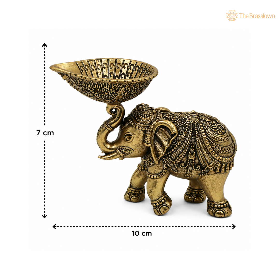 Brass Handcrafted Elephant Diya – Decorative Peetal Oil Lamp (Hathi Deepak) for Puja, Aarti &amp; Home Décor ( Set of 2 ) 3 Inch