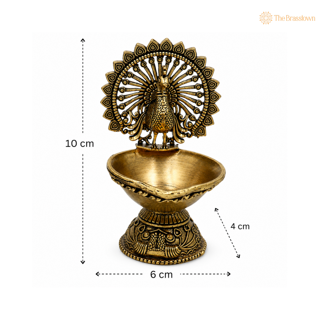 Brass Superfine Designer Peacock Diya Lamp – Decorative Puja Oil Lamp for Home Mandir &amp; Spiritual Décor (set of 2) 4 Inch