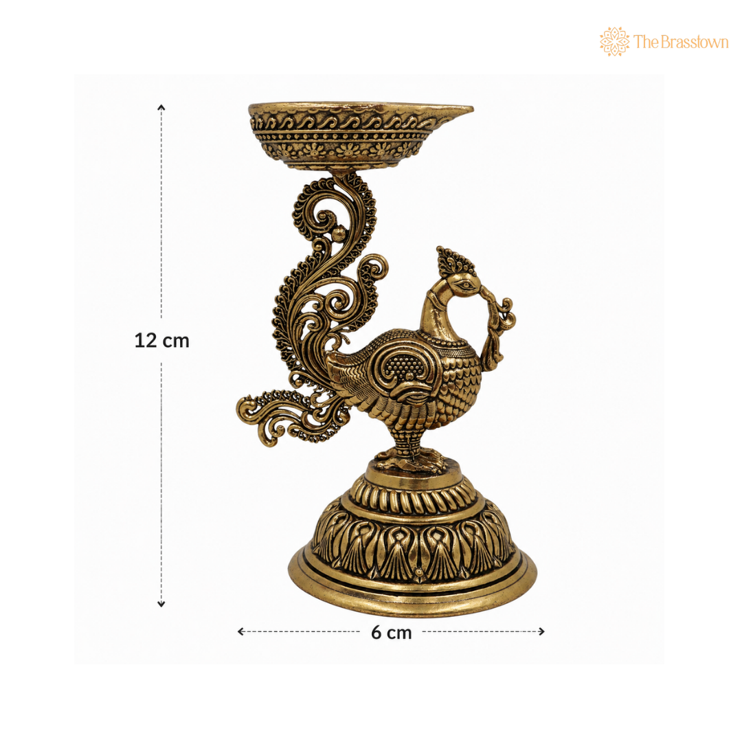 Brass Traditional Peacock Deepam Diya – Mayur Design Oil Lamp for Puja, Aarti &amp; Home Mandir Décor 4.5 Inch (set of 2 )