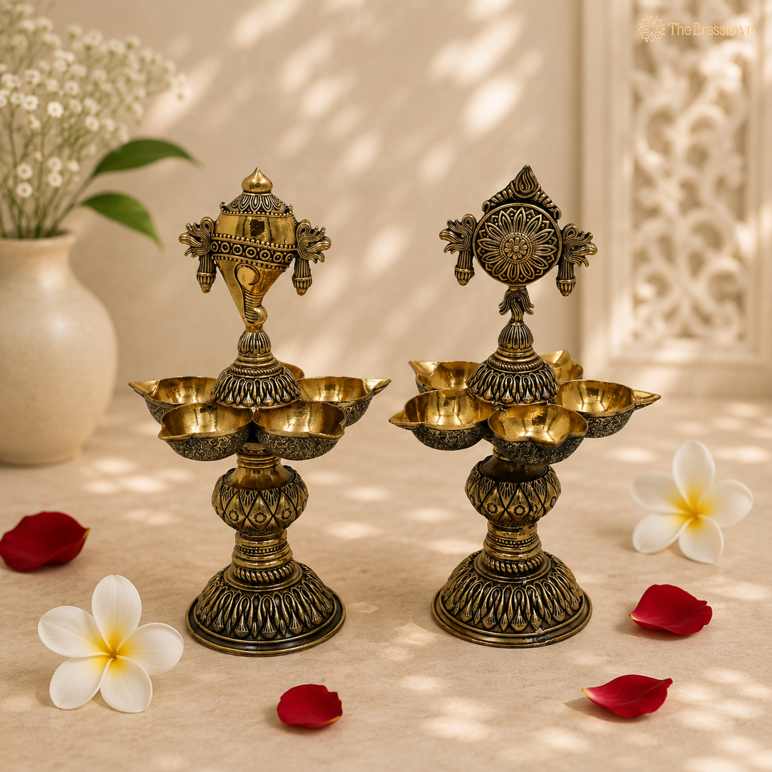 Brass Shankh Chakra Diya Pair – Vishnu Shankh Chakra Deepam Oil Lamps for Puja, Aarti &amp; Home Temple Décor 8.5 Inch