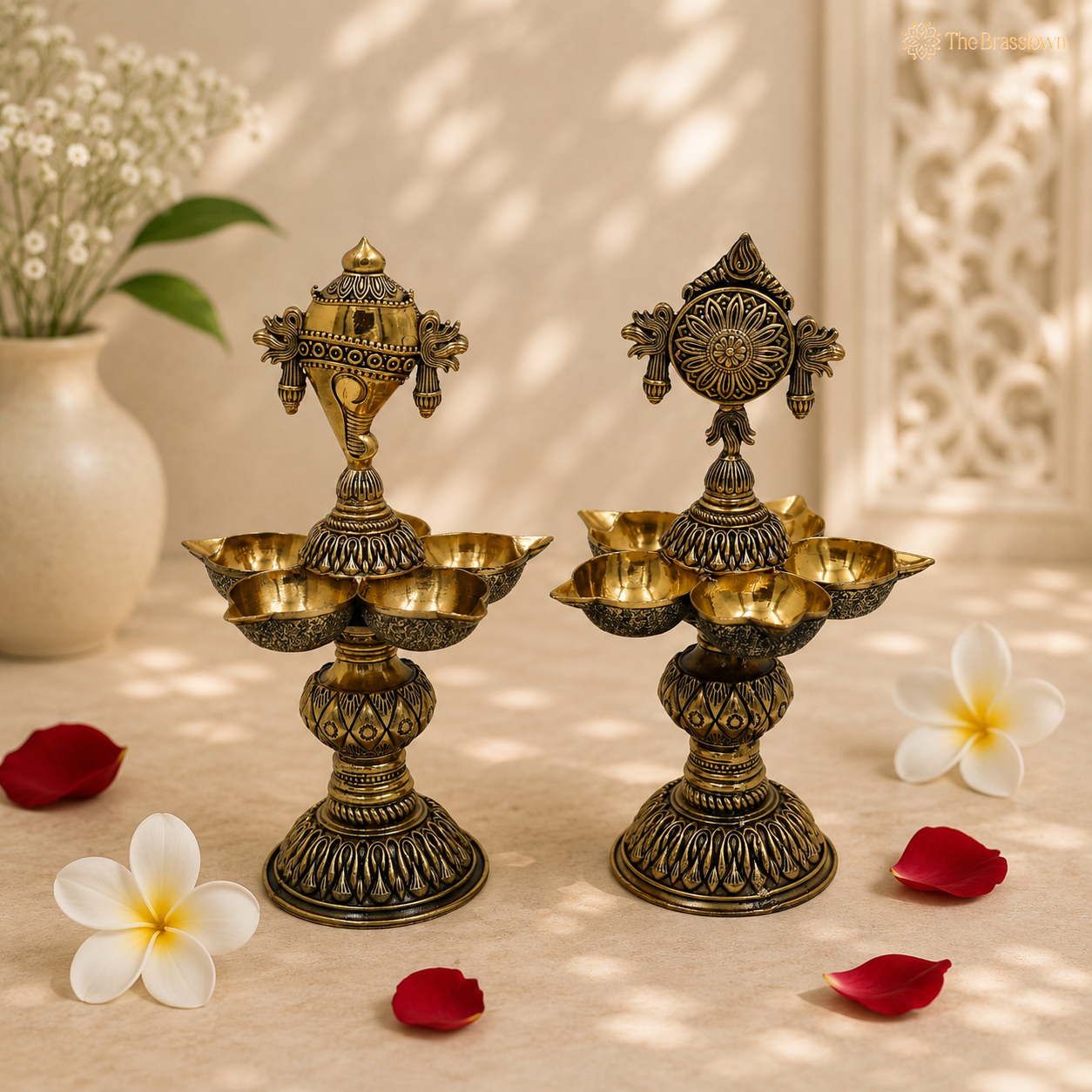 Brass Shankh Chakra Diya Pair – Vishnu Shankh Chakra Deepam Oil Lamps for Puja, Aarti &amp; Home Temple Décor 8.5 Inch