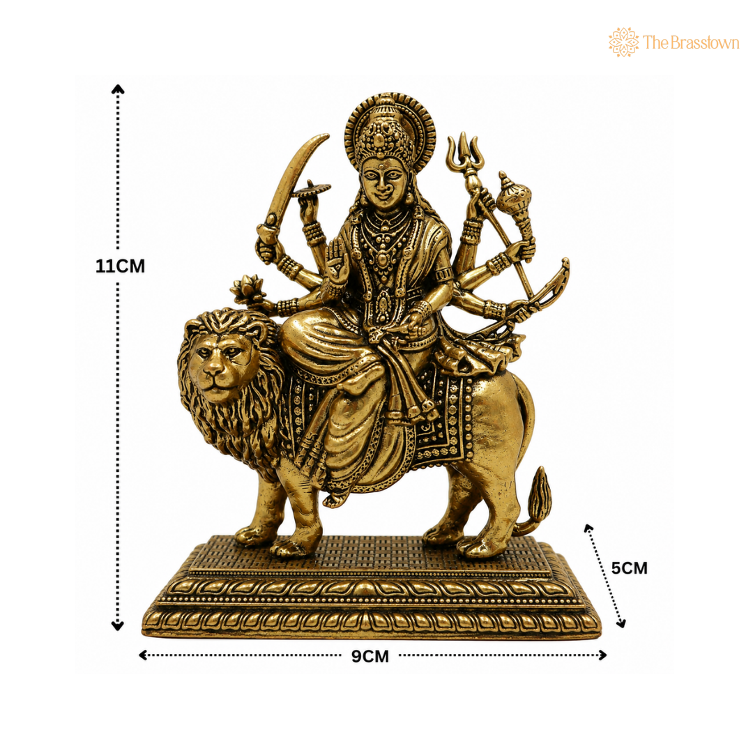 Brass Durga Maa Idol – Goddess Durga on Lion Murti for Puja, Home Mandir &amp; Spiritual Décor 4 Inch