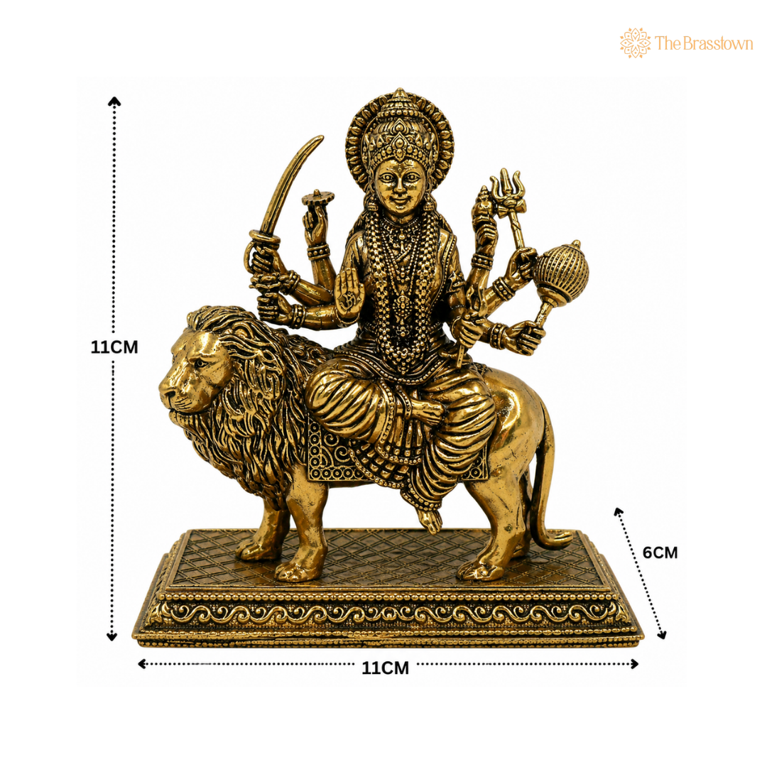 Brass Durga Maa Idol – Goddess Durga on Lion Murti for Puja, Home Mandir &amp; Spiritual Décor 4.5 Inch