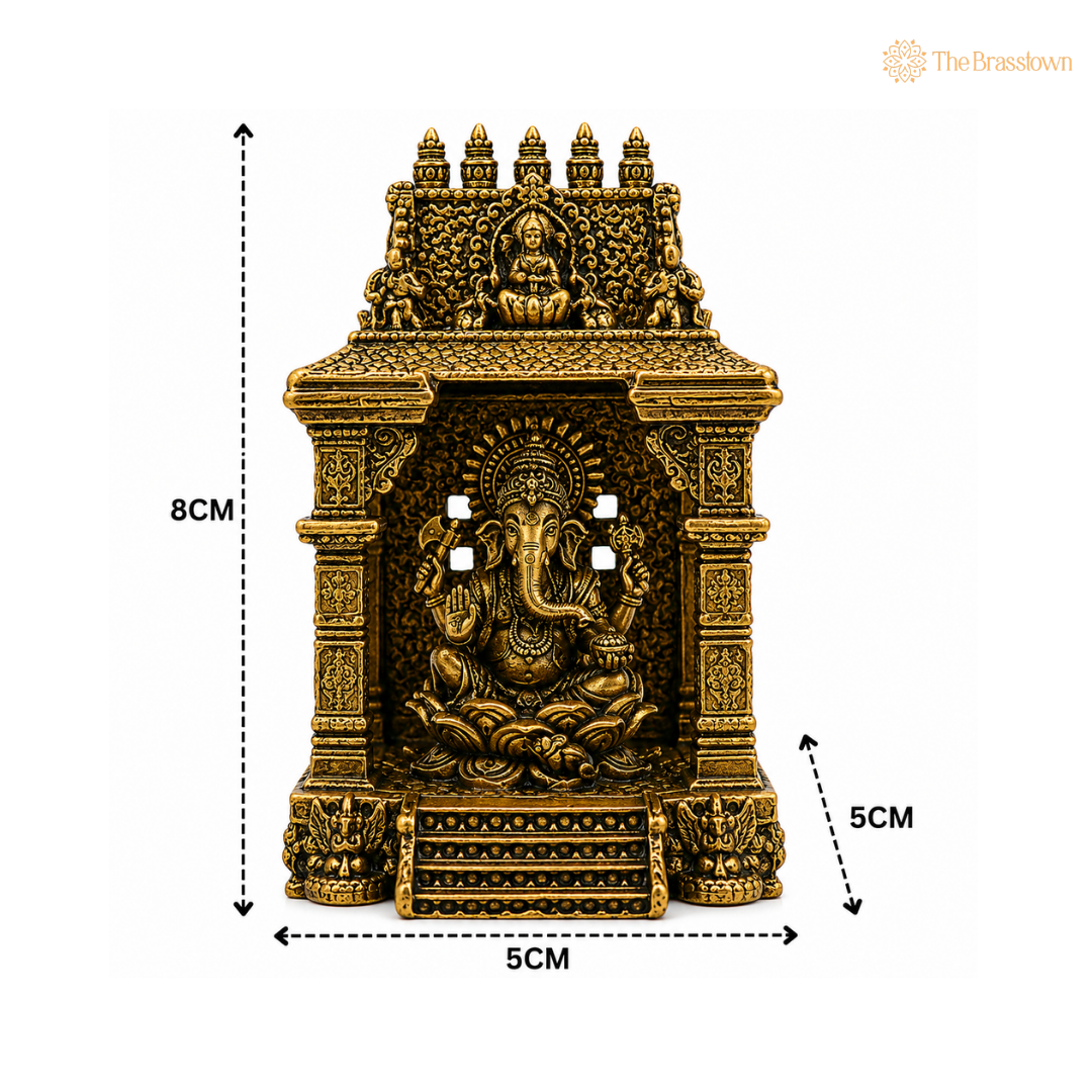 Handcrafted Brass Ganpati Bappa Idol with Temple – Lord Ganesha Murti (Vighnaharta) for Puja, Home Mandir &amp; Décor 3 Inch