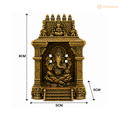 Handcrafted Brass Ganpati Bappa Idol with Temple – Lord Ganesha Murti (Vighnaharta) for Puja, Home Mandir &amp; Décor 3 Inch
