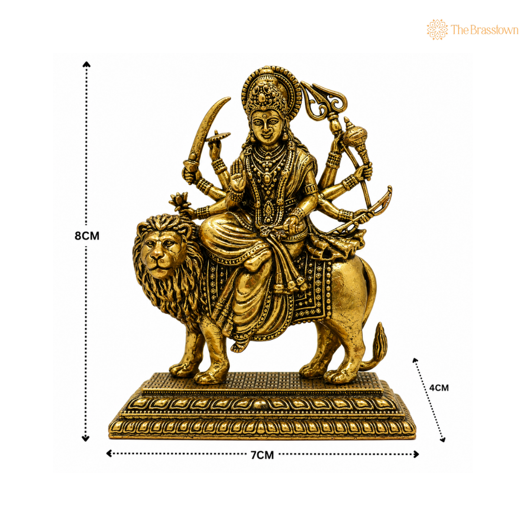 Brass Durga Maa Idol – Goddess Durga on Lion Murti for Puja, Home Mandir &amp; Spiritual Décor 3 Inch