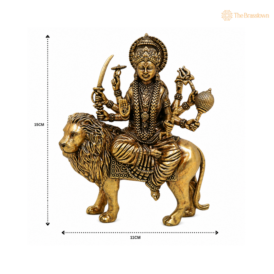 Brass Durga Maa(Bhavani Statue) Idol – Goddess Durga on Lion Murti for Puja, Home Mandir &amp; Spiritual Décor 6 Inch