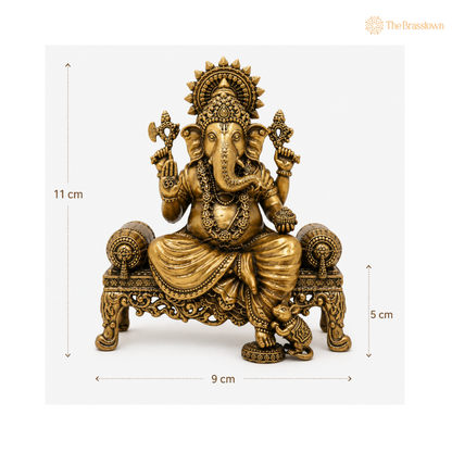 Handcrafted Brass Ganesha on Throne – Regal and Divine Idol 3 Inch