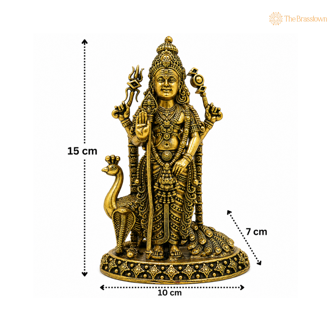 Brass Murugan Idol – Kartikeya / Skanda / Subramanya Statue, Handcrafted Lord Murugan Murti for Puja &amp; Home Décor 2.5 Inch