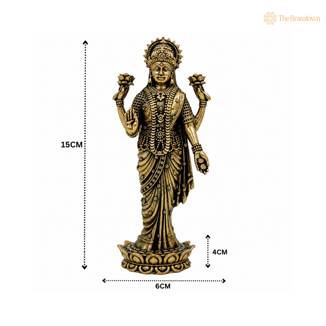 Brass Standing Lakshmi Idol – Divine Goddess of Wealth &amp; Fortune for Puja 6 Inch