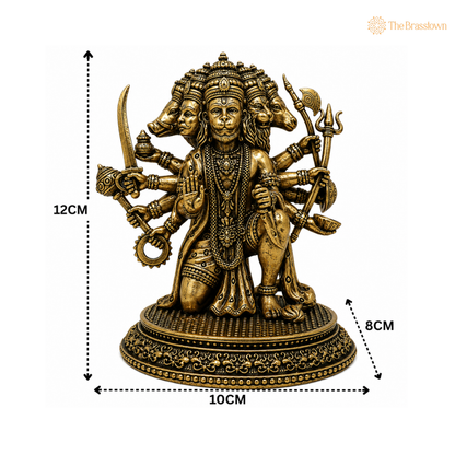 Brass Panchmukhi Sitiing Hanuman Idol – Five-Faced Bajrangbali Murti for Puja, Protection &amp; Home Mandir Décor 4.5 Inch