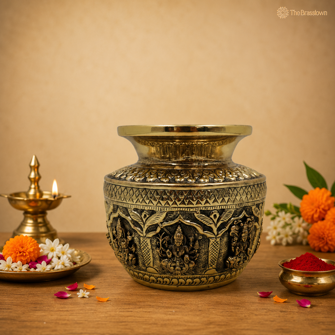 Brass Asta Lakshmi Kalash Lota – Handcrafted Peetal Pooja Kalash for Prosperity, Wealth &amp; Home Temple Décor 4.5 Inch
