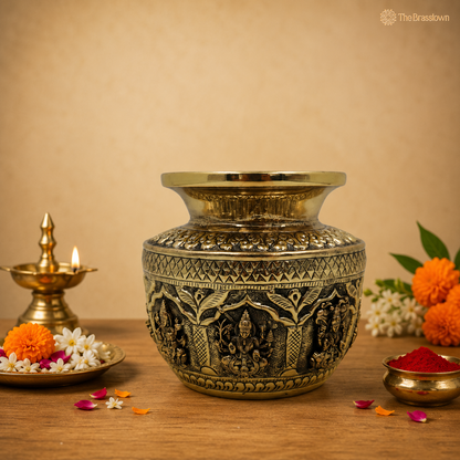 Brass Asta Lakshmi Kalash Lota – Handcrafted Peetal Pooja Kalash for Prosperity, Wealth &amp; Home Temple Décor 4.5 Inch