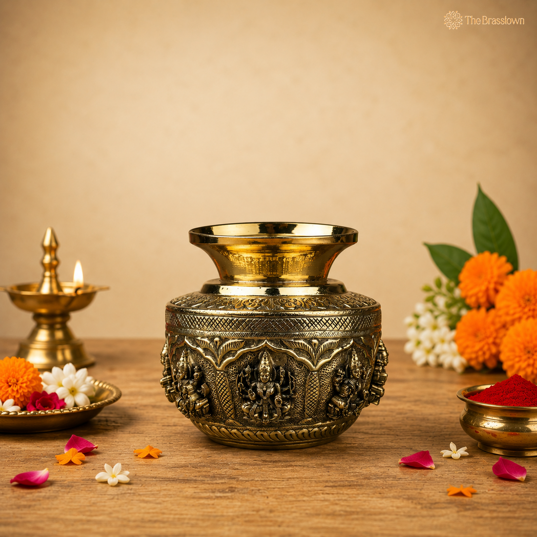 Handcrafted Brass Asta Lakshmi Kalash Lota – Handcrafted Peetal Pooja Kalash for Prosperity, Wealth &amp; Home Temple Décor 5 Inch