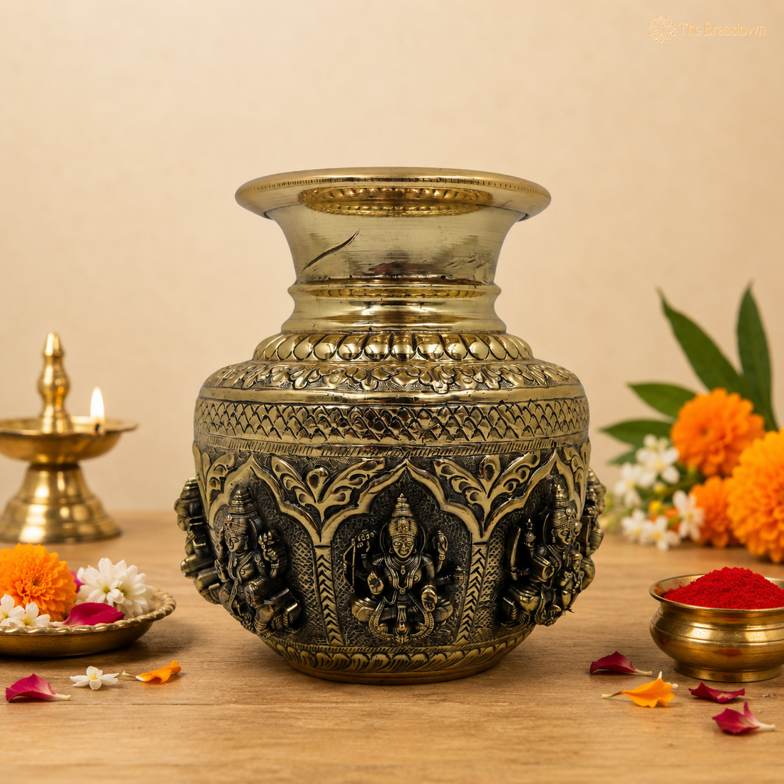 Brass Handcrafted Asta Lakshmi Kalash Lota – Handcrafted Peetal Pooja Kalash for Prosperity, Wealth &amp; Home Temple Décor 6 Inch