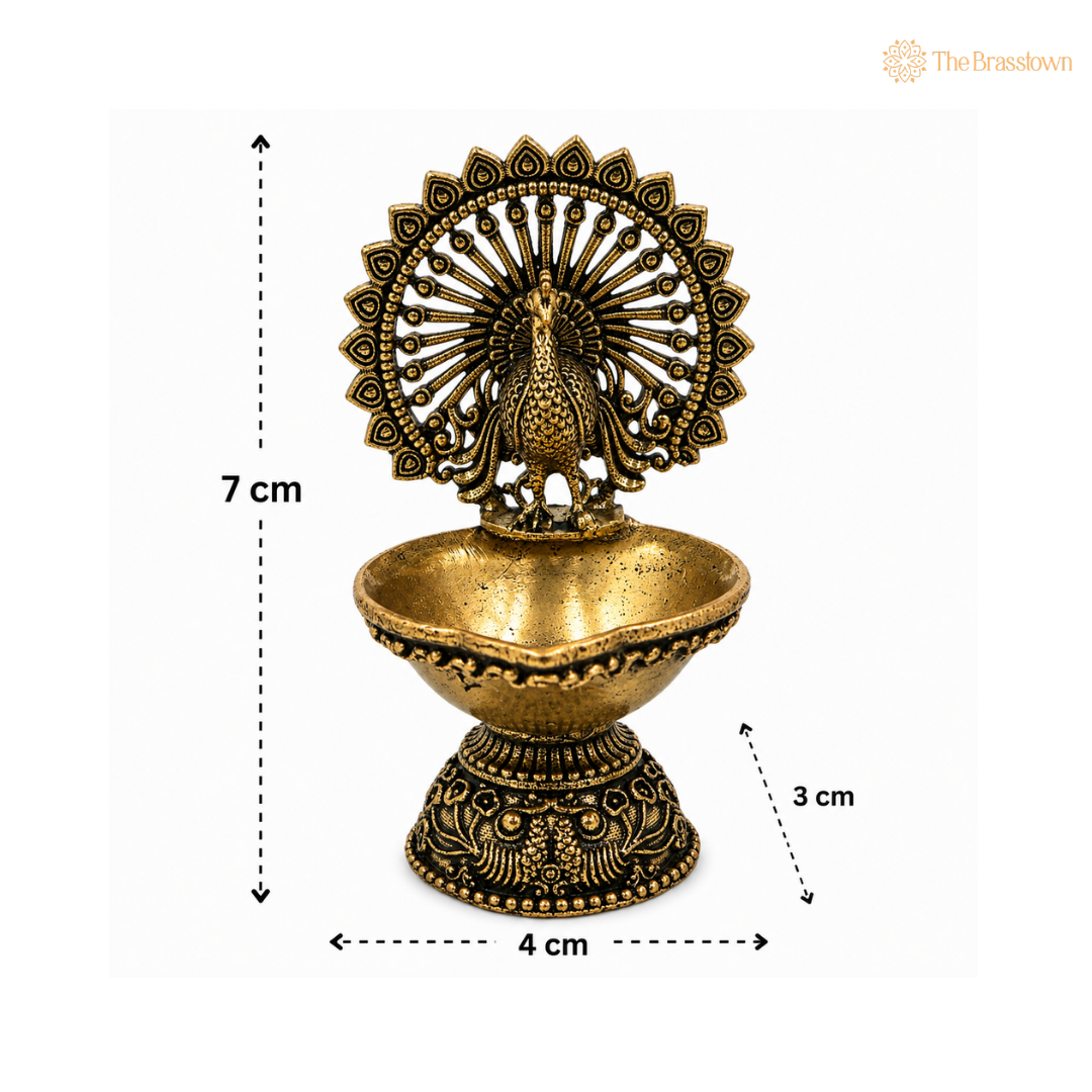 Brass Superfine Designer Peacock Diya Lamp – Decorative Puja Oil Lamp for Home Mandir &amp; Spiritual Décor (set of 2) 3 Inch